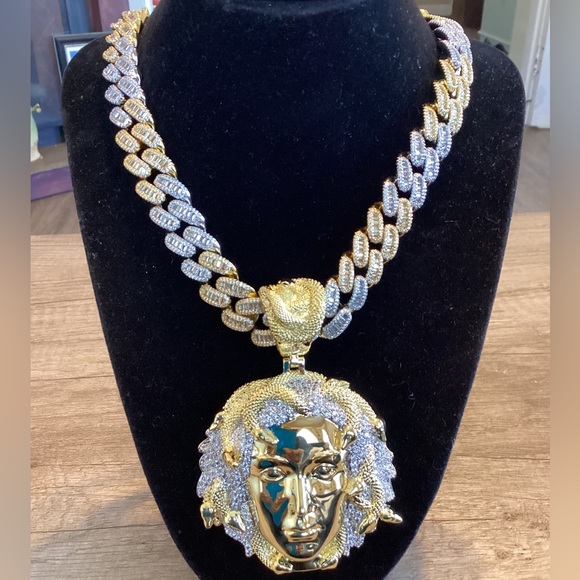 Men CZ Diamond Ice Out Famous Medusa 14K Gold Plated Chain+Pendant 17MM 22Inch - Picture 8 of 8